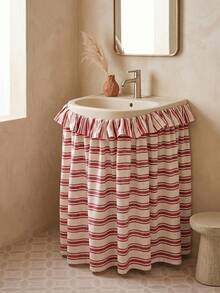 1/2pcs Beige With Red Horizontal Stripes Fabric Wash Basin Skirt, Warm Pastoral Style, Round Top With Ruffle Edge And Gathered Hem Detail, Covers Wash Basin Pipes And Decorative Beautification Function, Suitable For Warm Tone Bathroom And Cozy Home Decor Scenes - Red - View 2