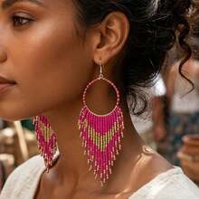 COINBUFF 1 Pair Gradient Color Round Bead Tassel Earrings, Vacation Style, Suitable For Women To Wear For Vacation, Travel, Party - Earrings - View 1