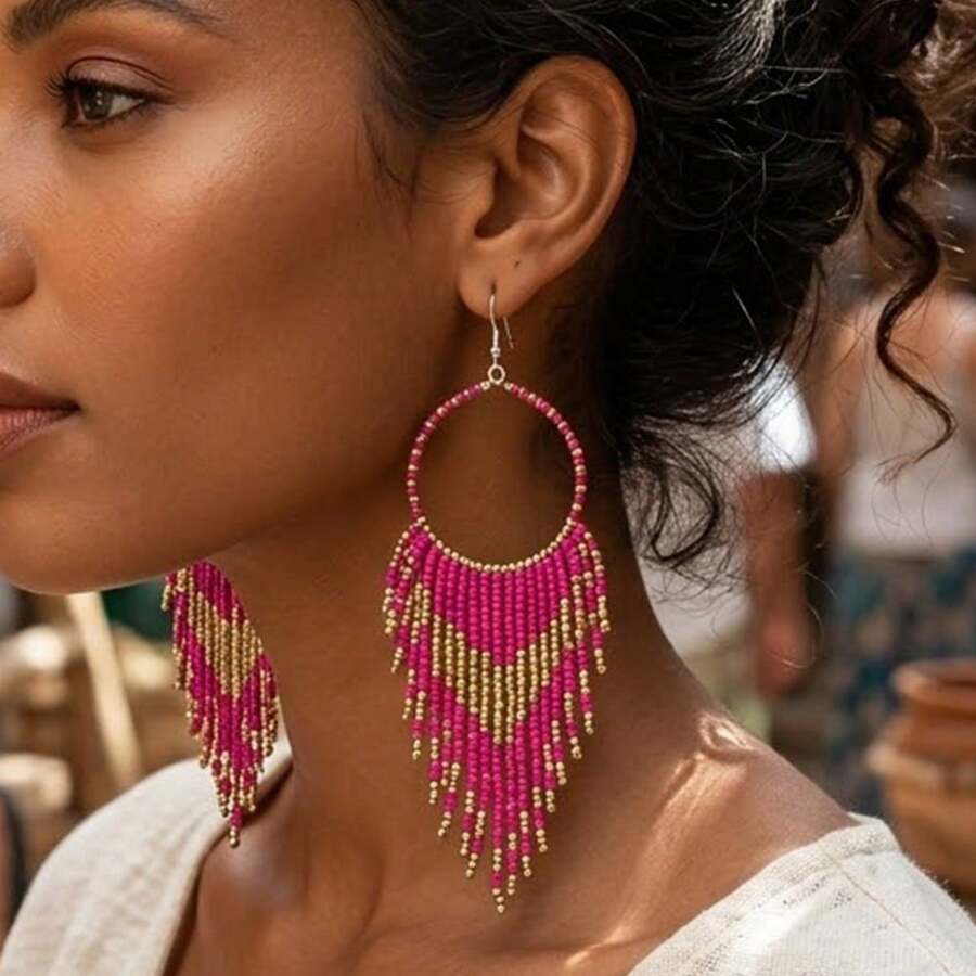 COINBUFF 1 Pair Gradient Color Round Bead Tassel Earrings, Vacation Style, Suitable For Women To Wear For Vacation, Travel, Party - Earrings - View 1