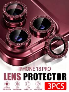 3 Packs Glitter Camera Lens Protectors Compatible With Iphone 18 Pro/18 Pro Max, 9H Tempered Glass Camera Cover Screen Protector With Metal Decorative Ring (Glitter Burgundy) - Burgundy - View 7