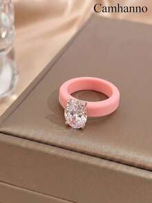 1pc Dopamine Color Silicone Rings Round Zirconia Inlaid For Daily Outfit Matching Finger Jewelry - Silver - View 4