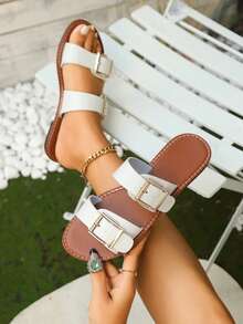 White Double Buckle Flat Slide Sandals – Fresh Summer Slides For Seaside Trip, Garden Party & Daily Wear - White - View 1