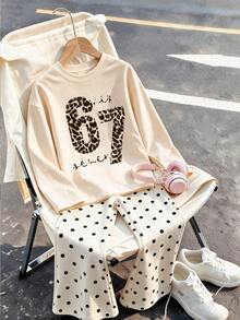 This 2 Pieces Set For Older Girls And Teenagers Includes An Apricot Long-Sleeve Top And A Pair Of All-Over Polka Dot Flared Pants; Featuring A Creative Design With Leopard Print Letter 67 Pattern, The Overall Style Is Simple And Casual - Apricot - View 3