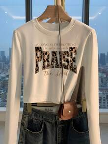 Early Autumn Spicy Girl Style Leopard Print Large Letter Short Long Sleeve Top, Round Neck Slim Fit Cropped T-Shirt, Flattering For Petite - White - View 5