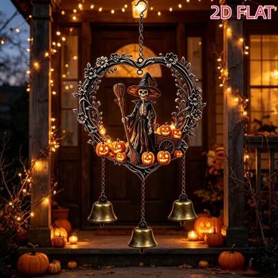 Halloween Heart Skull Witch 2D Flat Bell Hanging Ornament, With 3 Bells, Pleasant Sound, Pumpkin Carved Vintage Design, Atmospheric, Suitable For Yard, Door, Wall Hanging, Indoor And Outdoor Use, Halloween Holiday Decoration Hanging Ornament, Personalized Holiday Gift Decor