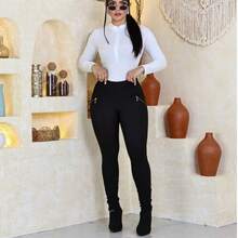 Women's Riding Pants High Waist Leggings With Golden Zipper - Black - View 9