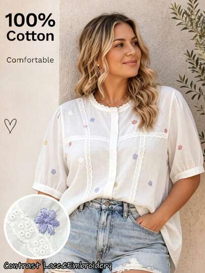 Summer Vintage Romantic Sweet Pastoral Bohemian Floral Embroidered Design Heart Button Cinched Waist Women's Top, All-Season Versatile Casual White