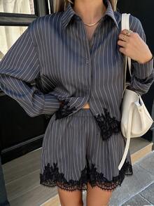 Plus Size Women Grey Striped Lace Trim 2 Pieces Outfit, Long Sleeve Shirt & Shorts Pajama Set, Minimalist Elegant For Back To School Commute Party Daily Wear - Grey - View 1