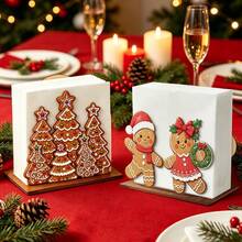 2Pcs Christmas Gingerbread Wooden Napkin Holder Set, Gingerbread Tree & Gingerbread Man Couple Tabletop Napkin Dispenser, Xmas Holiday Dinner Table Decor, Festive Home Kitchen Party Decoration Christmas Gift - Gingerbread Collection - View 1