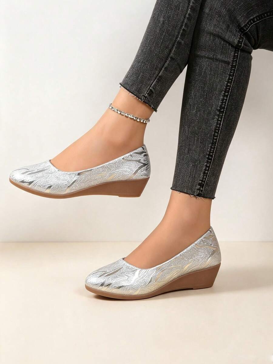 Women's Matte Glitter Thick Sole Wedge Pumps, Casual Outdoor Work Shoes, Flat Shoes - Silver - View 1