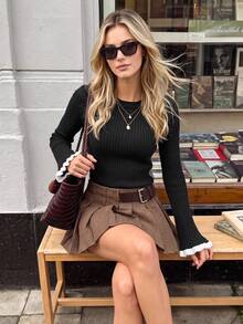 Nicenter Sweater Rajut Bergaris Lengan Panjang Leher Bulat Wanita dengan Manset Mengembang Kontras, Atasan Rajut Campuran Wol, Pakaian Musim Gugur Elegan Warna Hitam, Pakaian Musim Dingin untuk Sehari-hari - Hitam - View 8