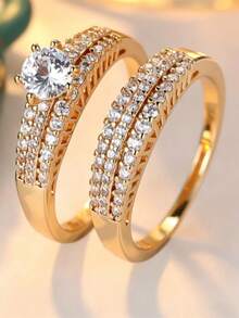 2pcs/Set Fashion Stackable Rings, Minimalist Luxury Cubic Zirconia Couple Rings, Versatile For Engagement, Wedding, Party And Daily Wear - Perfect Birthday, Anniversary Or Jewellery,Accessories - Gold - View 6