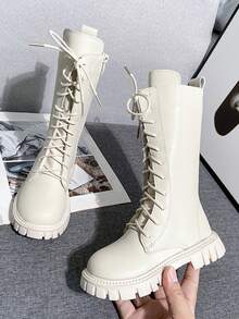 Toddler Girls White Knee-High Combat Boots, Lace-Up Side Zipper Thick Sole Winter Boots, Kids Chunky Sole Non-Slip High-Top Boots (White Boots Random 2 Colors Lining) - Beige - View 6