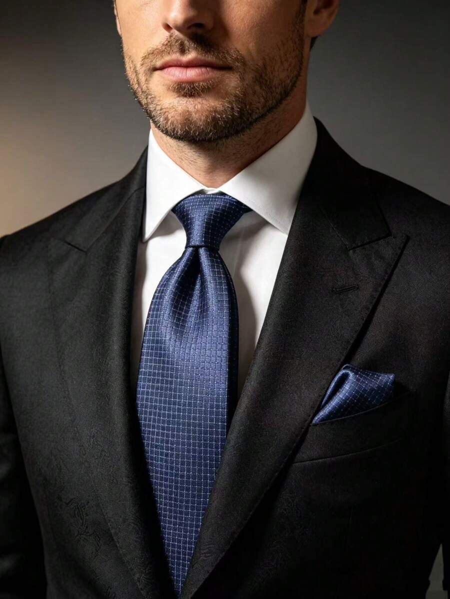 1 Set Fashionable High-End Silver Shiny Polka Dot Tie & Pocket Square 2pcs Set Suitable For Business Casual Banquet Party Wedding - Navy Blue - View 1