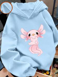 Tween Girl 1pc Printed Fleece Lined Thick Warm Hooded Sweatshirt, Young Student Kids Clothing, Suitable For Children's Autumn/Winter Long Sleeve Top - Baby Blue - View 2