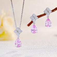 S925 Pure Silver Teardrop Powder Pendant Necklace And Earrings, Elegant And Exquisite Accessories, Suitable For Ladies' Wedding Banquets And Parties - Pink - View 3