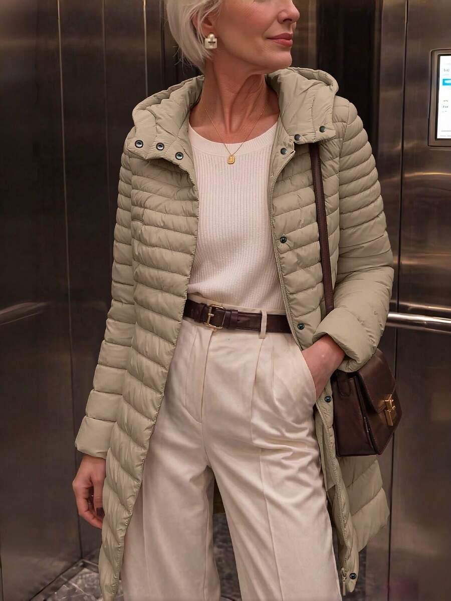 女款休閒連帽羽絨外套,附口袋,輕量,適合日常穿著 - 米色 - 查看 1