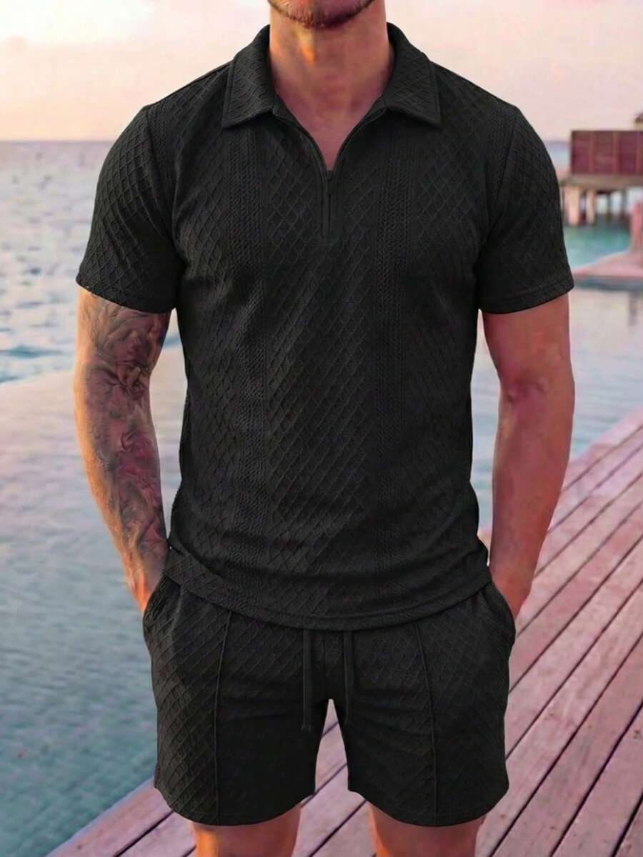 男士運動健身短袖拉鍊設計T恤與短褲套裝 黑色 - 黑色 - 查看 1
