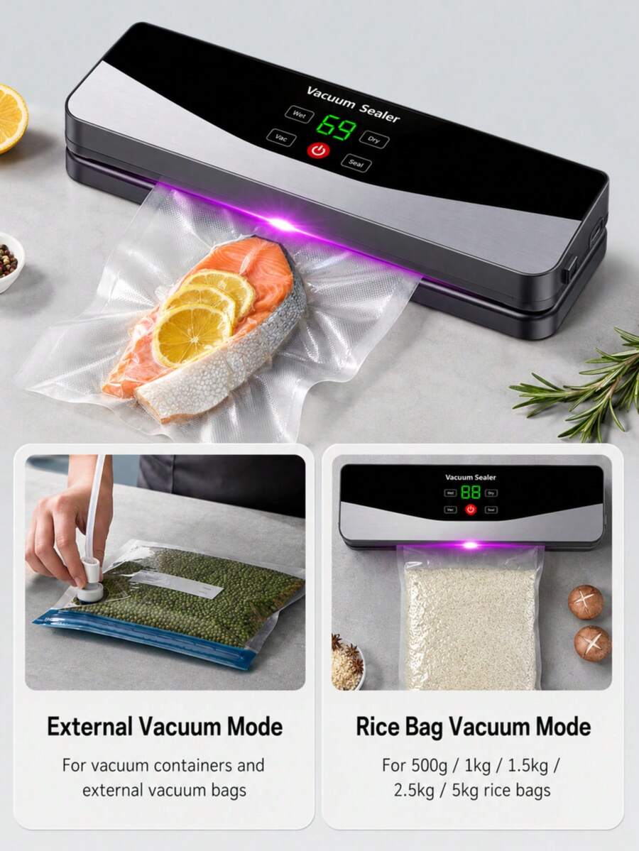 1 pieza Selladora de vacío para alimentos, capacidad de batería de 2000mAh, selladora de vacío para bolsas de almacenamiento de alimentos de cocina, modos de sellado de vacío seco/húmedo, control táctil digital, adecuada para carne, pescado, verduras, aperitivos, preparación de comidas, sobras y cocina del hogar