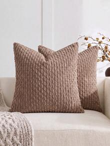 1pc Brown Bohemian Stripe Pillowcase (Pillow Core Not Included), Modern Soft Corduroy With Embossed 3D Stripes, Solid Color Decorative Square Cushion Cover, Suitable For Sofa, Bedroom, Bed, Year-Round Use - Brown - View 1