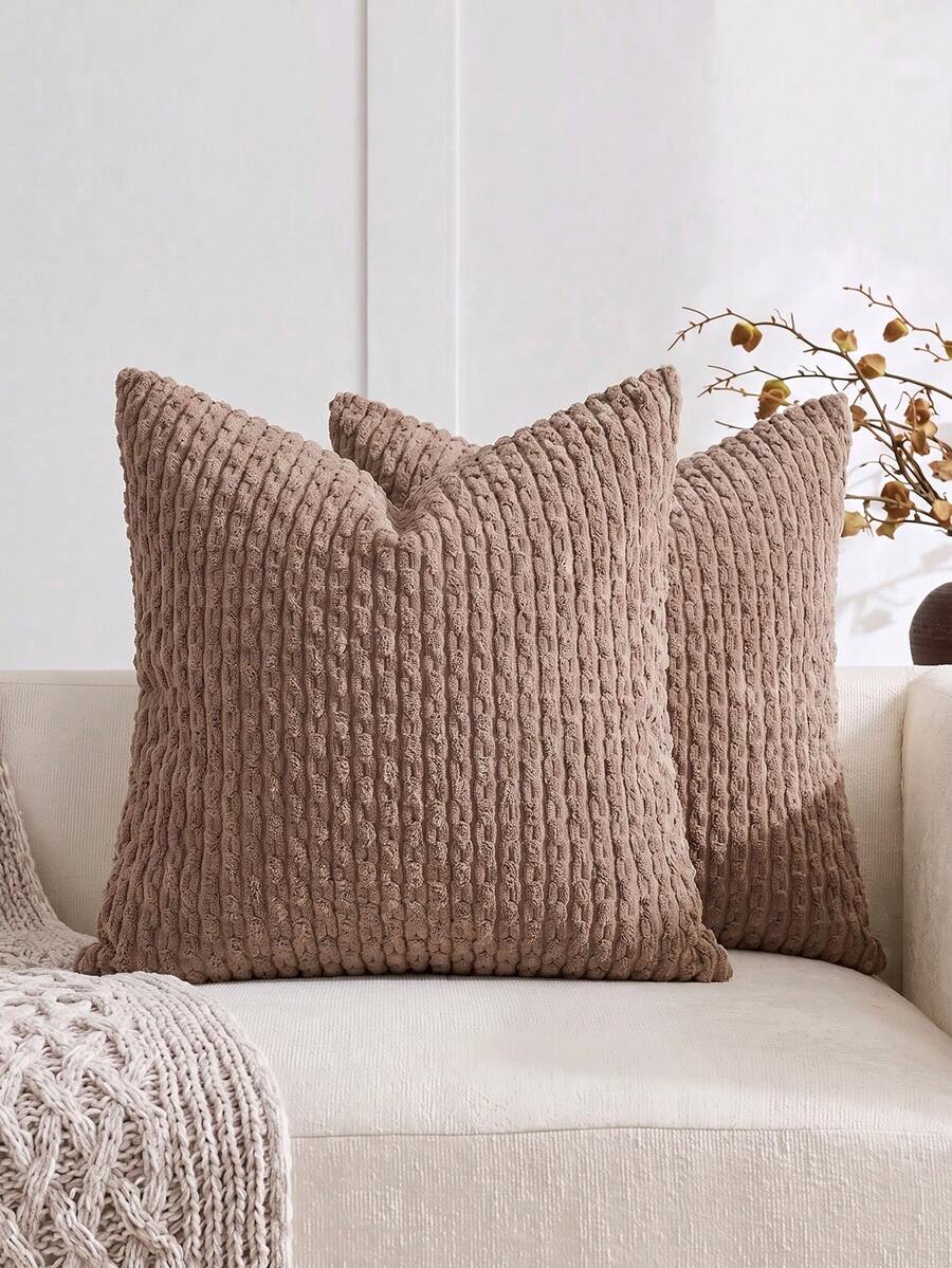 1pc Brown Bohemian Stripe Pillowcase (Pillow Core Not Included), Modern Soft Corduroy With Embossed 3D Stripes, Solid Color Decorative Square Cushion Cover, Suitable For Sofa, Bedroom, Bed, Year-Round Use - Brown - View 1