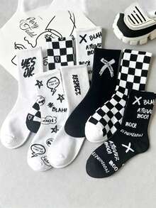 1/4/6/8 pares de calcetines de media caña para mujer, estilo callejero versátil y muy atractivo, calcetines largos blancos personalizados para deportes de otoño, estilo universitario - Multicolor - Ver 5