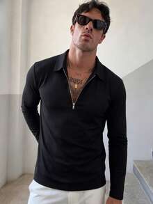 Men's Autumn/Winter Zipper Regular Shoulder Lapel Long Sleeve Polo Shirt, Essential For Business Outings And Daily Wear - Black - View 2