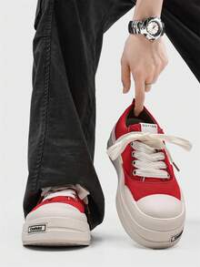 Unisex Canvas Thick Sole Height Increasing Casual Sneakers For Couples - Red - View 2
