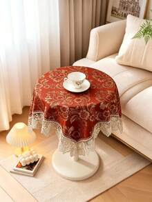 HXARTMIS 1pc Vintage Floral Jacquard Lace Trim Tablecloth, Red Square Decorative Table Cover, Suitable For Coffee Table, Wedding And Holiday Home Decor - Red - View 2
