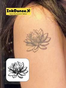 1 Set "Exquisite Lotus" Revolutionary Technology Tattoo Stickers, Semi-Permanent Tattoo, Floral Pattern, Temporary Tattoo, Long-Lasting, Women's Realistic Tattoo, Waterproof, Realistic Tattoo Effect, Plant-Based, InkDance Ink Dance, Product Number MNF032 - Black - View 2