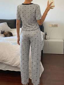 DAZY 女款睡衣套裝，蕾絲飾邊蝴蝶結印花短袖上衣與長褲，2件組夏季女裝 - 淺灰色 - 查看 3