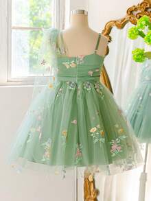 Tween Girls Asymmetrical Neckline Embroidered Floral Green Mesh Outdoor Wedding Flower Girl Dress Suitable For Prom Graduation Season, Fabric Floral Pattern Randomly Cut, Headband Not Included - Green - View 4