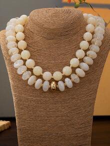 OABE 2pcs/Set Bohemian Style Warm White Beaded Necklace Set With Round And Oval Beads, Suitable For Women's Daily Wear - Multicolor - View 3