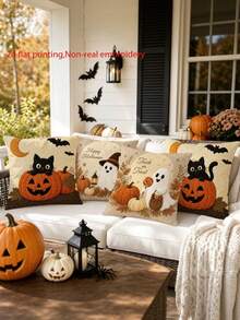 4pcs Cat & Throw Pillow Covers Suitable For Halloween Country Rustic Decor, Non-Embroidery Retro Cushion Covers With Zipper Closure, Fall Pillowcases For Sofa Bed Living Room Car, 17.7x17.7in, No Inserts, 2D Flat - Apricot - View 5