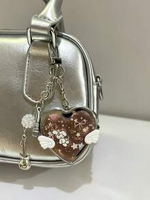 1Pc Korean Ancient Love Small Wing Mirror, Bag Hanging Ins Style Note Guitar Pendant Keychain, Y2K Portable Heart Shaped Small Mirror Key Chain - Multicolor - View 7