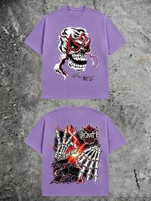 Casual Loose‑Fit 180g Pure Cotton Short Sleeve Tee, Luchador Mask Skull Double‑Sided Skeleton Hands Lightning Gothic Print For Men - 紫色2 - 查看 17