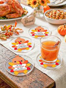 1/2/4pcs Thanksgiving Cute Turkey Transparent Acrylic Coasters, Round Cartoon Turkey Pattern Drink Coasters, Autumn Harvest Tabletop Decor, Thanksgiving Tabletop Ornament, Coffee Tea Cup Housewarming Gift - Multicolor - View 3