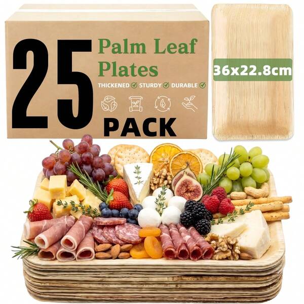 25 bandejas de madera desechables, reforzadas y resistentes, rectangulares, de 22,8 x 36 cm (9 x 14 pulgadas), ideales para barbacoas, bufés, fruta, aperitivos, presentaciones de postres, fiestas, bodas, picnics y otras ocasiones.