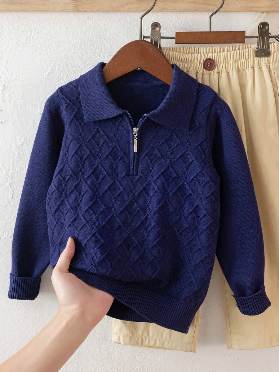 Boys' College Style Argyle Pattern Polo Collar Half-Zip Long Sleeve Knit Sweater Pullover, Casual Versatile For Daily Wear, School, Spring, Autumn, Winter - Navy Blue - View 1
