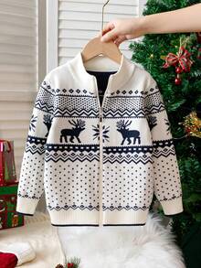 Boys' Preppy Polka Dot & Deer Knit Cardigan Sweater, Small Stand Collar, Long Sleeve, Suitable For School Daily Wear, Spring, Autumn, Winter - Apricot - View 1