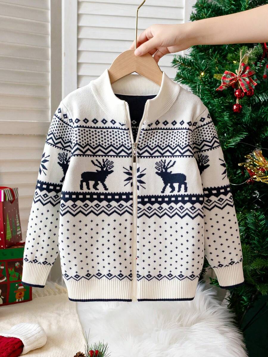 Boys' Preppy Polka Dot & Deer Knit Cardigan Sweater, Small Stand Collar, Long Sleeve, Suitable For School Daily Wear, Spring, Autumn, Winter - Apricot - View 1