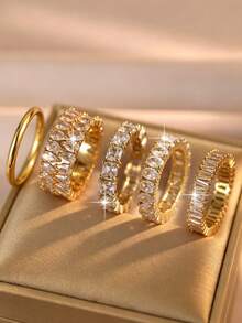 Bộ 5 nhẫn nữ thời trang hình học màu vàng, nhẫn đồng đính đầy đá Cubic Zirconia sang trọng, phù hợp cho đính hôn, Halloween và trang trí hàng ngày - Vàng - Xem 1