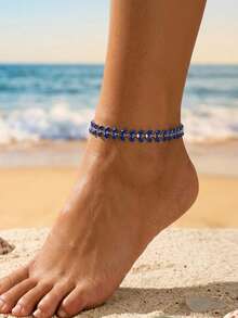 1pc Bohemian Style Women's Stainless Steel Anklet With Blue Oil-Drip Leaf Design, Stainless Steel Foot Jewelry For Beach, Vacation And Daily Wear - Blue - View 1