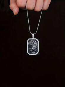 Minimal Retro Stainless Steel Necklace For Men, Rectangular Tree Of Life Pattern Pendant With Snake Chain, Daily Wear & Holiday Gifts - Silver - View 3