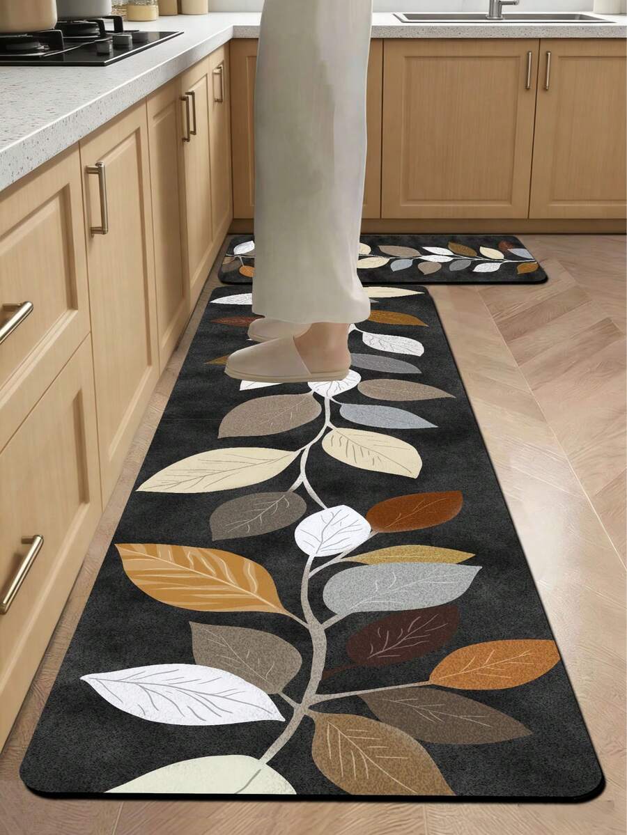 1pc American Vintage Black Background Autumn Leaf Diatom Mud Kitchen Mat, Sponge Cushioning Pressure Relief, Rubber Bottom Dirt-Resistant Easy To Clean, Kitchen Bathroom Entryway Laundry Room Decorative Floor Mat - View 1
