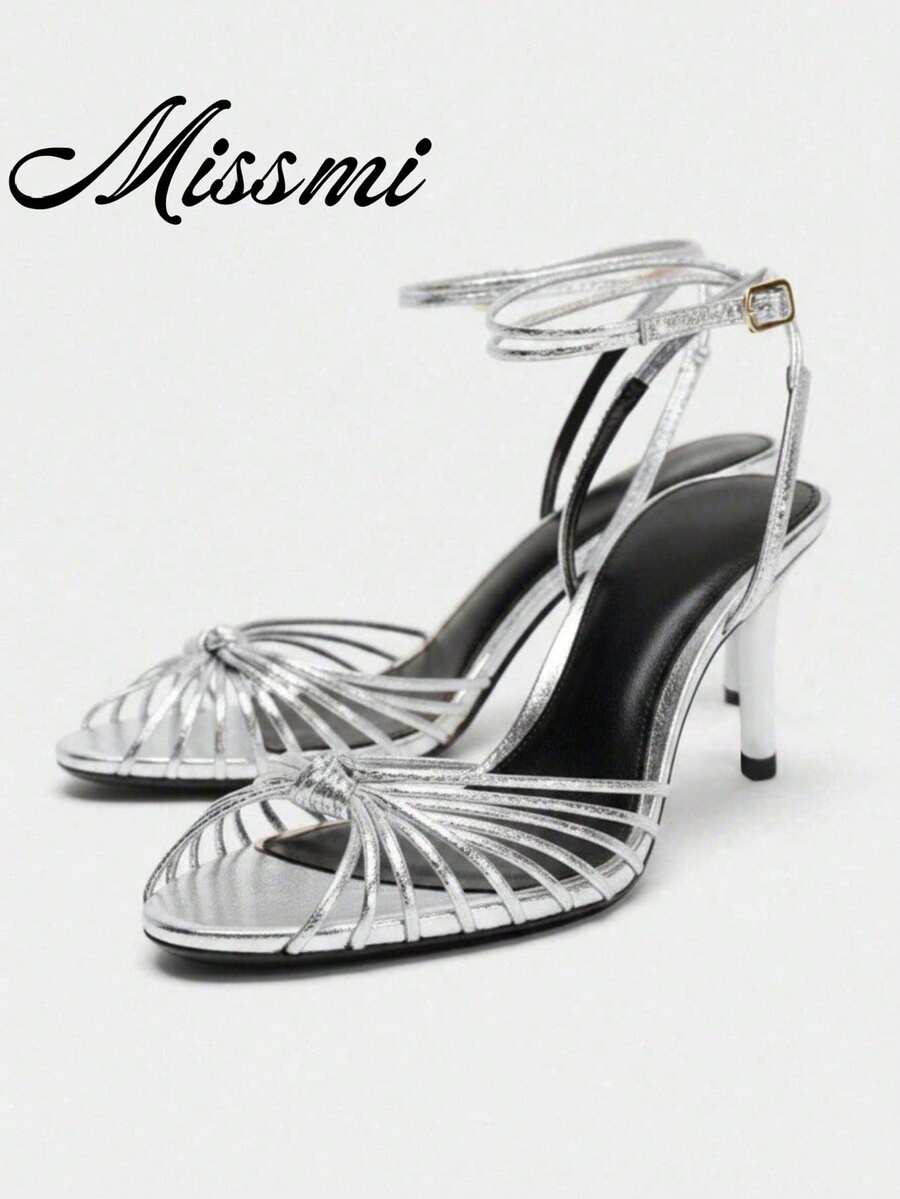 2026 Spring/Summer New Women's Gold Metallic Bow Decor Stiletto High Heel Sandals