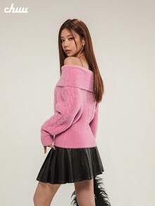 CHUU Heart & Letter Embroidered Knit Top For Women, Off-Shoulder Asymmetric Long Sleeve Cropped Sweater, Autumn/Winter - Pink - View 4