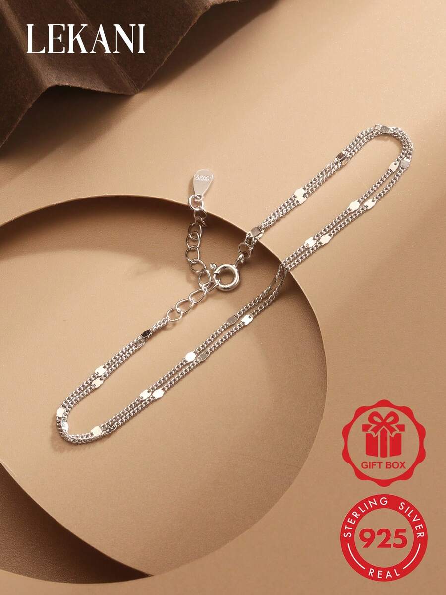 LEKANI S925 Sterling Silver Bracelet 1pc Minimalist Fashion Double Layer Design Exquisite Gold Plated Silver Jewelry Accessory For Women Gift For Girlfriend - Silver - View 1