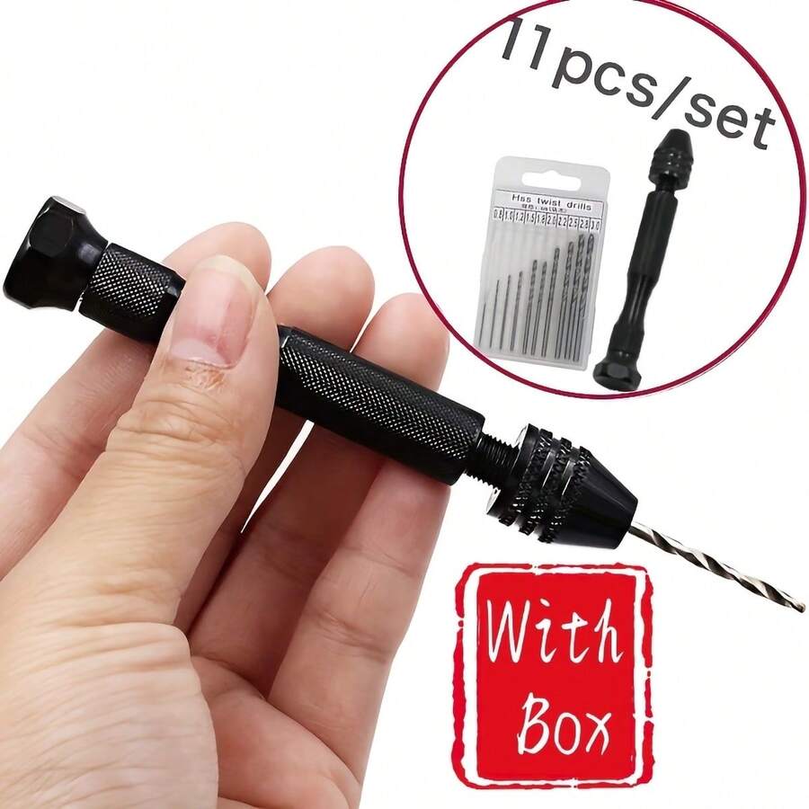 11pcs Hand Drill + Drill Bit Set, Mini Micro Hand Drill + 10pcs Twist Drill Bits Rotary Tool For Woodworking Drilling, Suitable For Woodworking, Watch Repair, Jewelry, Crafts, Wood, Plastic, Shell, Resin And Model Making, Boxed
