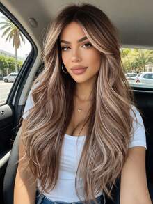 28 Inch Women's Natural Highlight Brown Long Wavy Synthetic Wig, Heat Resistant For Daily Wear And Party - Brown Ombre - View 2